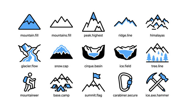 Mountain icons showing peaks climbing and alpine features on white