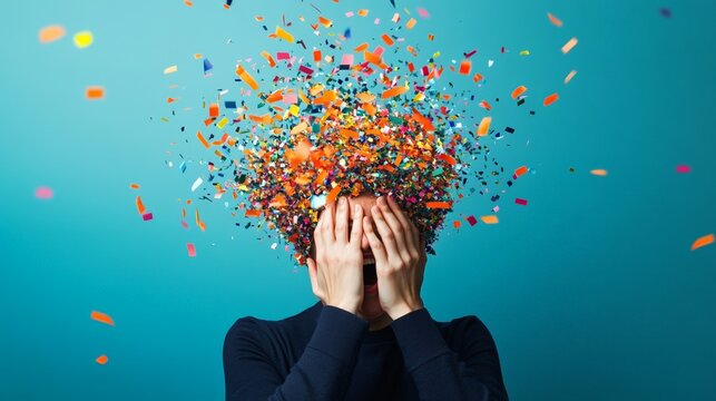 Man suffering from stress and information overload is screaming with his head exploding into colorful confetti pieces on a turquoise background, depicting mental health issues and burnout