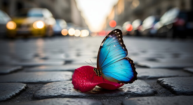 Blue Morpho Butterfly on Red Rose Petal &ndash; Urban Nature Contrast