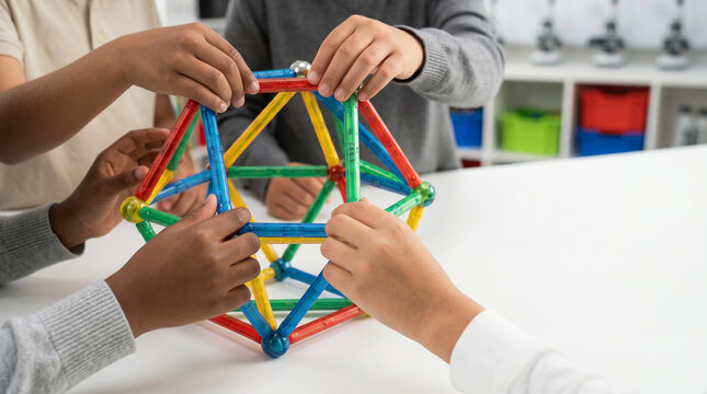 Diverse kids hands building geometric model in science class, back to school