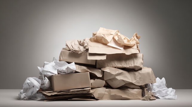 A disorganized pile of crumpled papers and cardboard highlights the issue of paper waste in modern society.