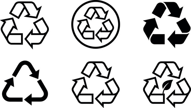 Set of universal recycle symbol vector icons with outline and solid arrow triangles for eco friendly product packaging