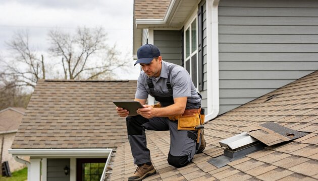 Roofer kneeling on shingles checking work with tablet