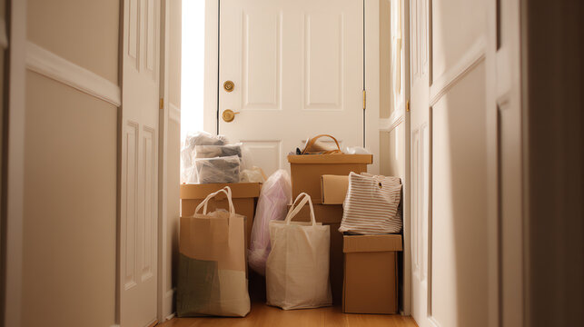 A glimpse of a cozy entryway filled with packages waiting to be unpacked, showcasing a warm and inviting home atmosphere.