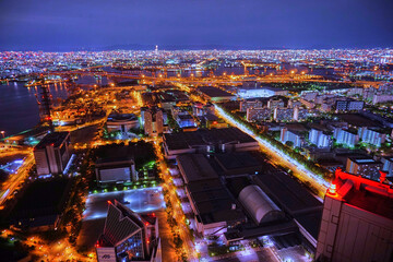 コスモタワー展望台から見下ろす港大橋と東方面に広がる大阪の広大な都市夜景 © TOMOZO