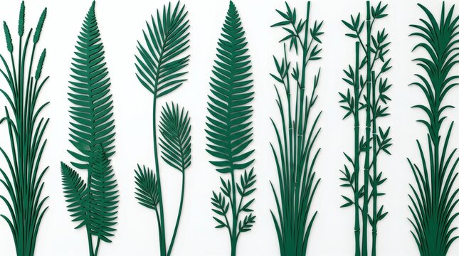 Collection of various green leafy plants and ferns isolated on white background