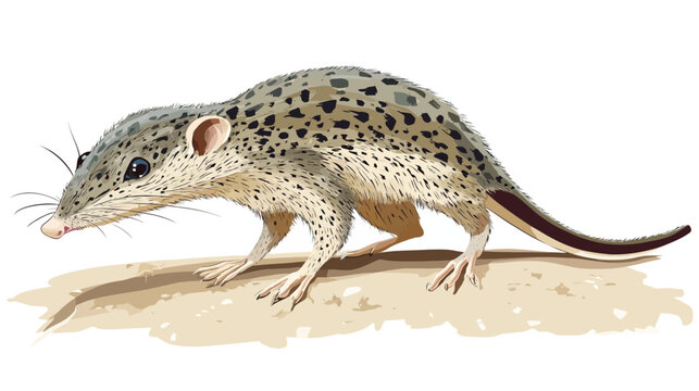An illustrated spotted rodent crouches on sandy ground, with a long curved tail!