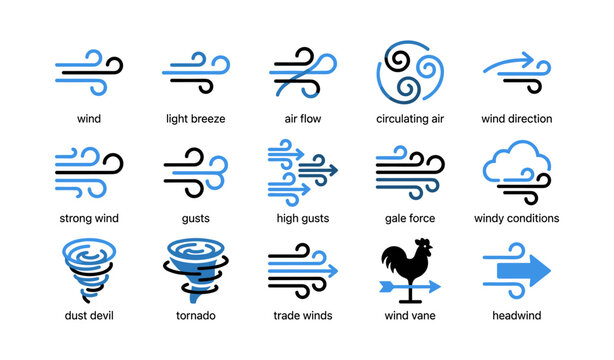 Wind and air icons showing breeze gusts and weather symbols