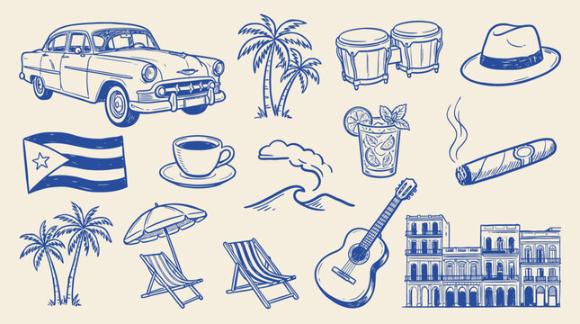 Detailed Hand Drawn Sketch Vector Illustration of Cuban Vacation Icons Featuring Vintage Classic Cars Cigars Palm Trees and Tropical Travel Elements Set on White Background