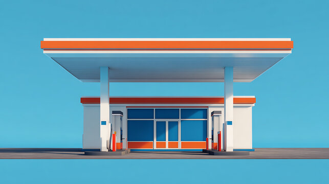 A modern gas station featuring a clean design with bright colors against a clear sky.