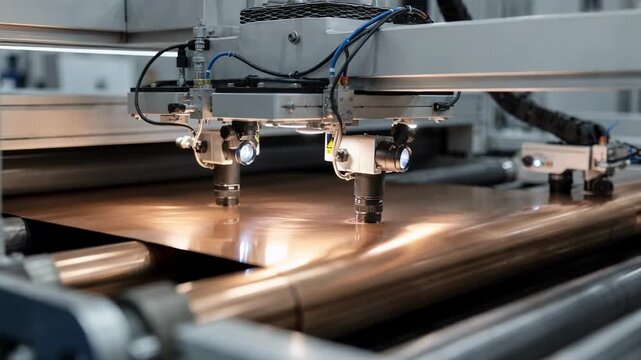 Medium shot of a visionbased inspection system scanning copper sheet surfaces for imperfections and dimensional accuracy on a factory line