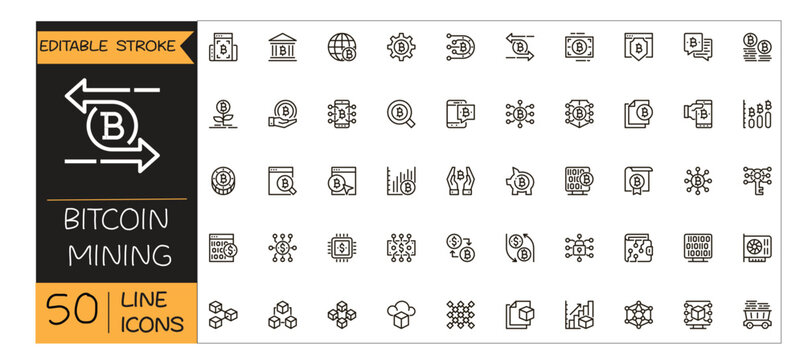 Bitcoin Mining icons set. Includes icons for cryptocurrency, blockchain, mining rigs, digital currency, computing power, and fintech. Editable stroke. Line icons. Perfect for apps and infographics.
