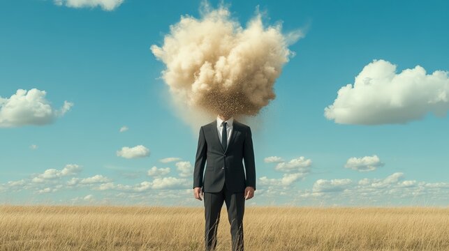 Businessman standing in a surreal desert landscape with his head exploding into dust, representing burnout syndrome, stress, and mental health issues