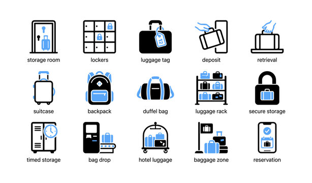 Luggage storage and baggage service icons arranged in grid