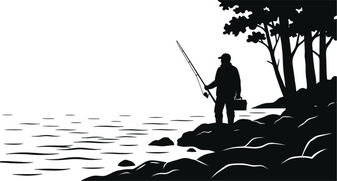 Fisherman Silhouette Standing on Rocky Shore Holding Fishing Rod and Tackle Box Near Trees Facing Calm Lake or Ocean Water Horizon