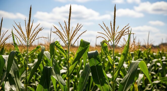 Tall green corn stalks sway under a bright blue sky with fluffy white clouds