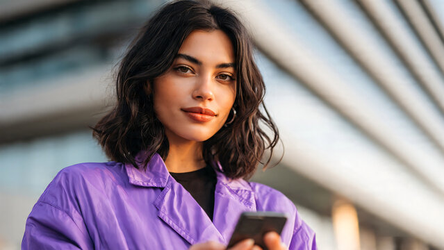 Portrait of a smiling young woman dress violet with a cheerful expression in a casual lifestyle setting holding smartphone modren building background.