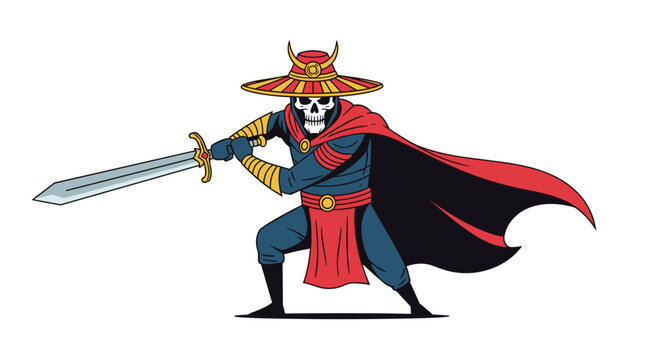 Skeleton warrior dressed as a samurai with a red cape and straw hat brandishing a sharp silver sword against a white background.