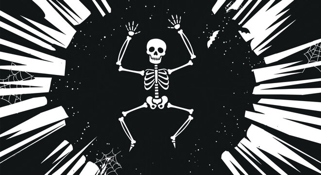 Spooky dancing skeleton falling through a dark hole with spider webs and bats dramatic black and white