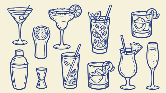 Artistic set of assorted cocktail drinks featuring bold hand-drawn doodle vector illustrations of tropical beverages, summer refreshments, and party spirits on a clean white background.