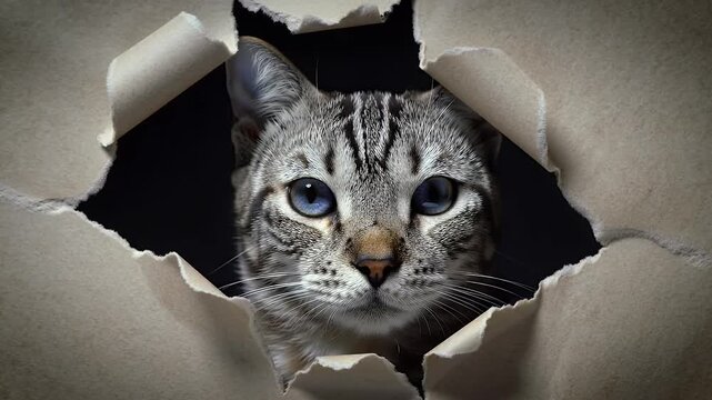 Curious tabby cat peeking through torn cardboard with wide eyes and whiskers
