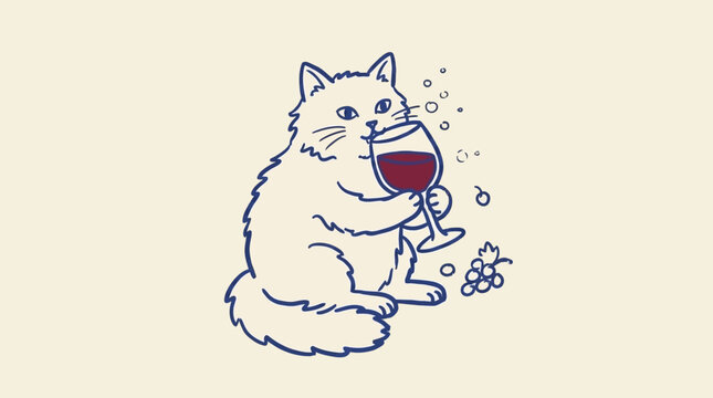 Whimsical feline sitting beside an elegant glass of red wine in a charming naive doodle style, playful hand-drawn kitten vector artwork with minimalistic line art and artistic flair.