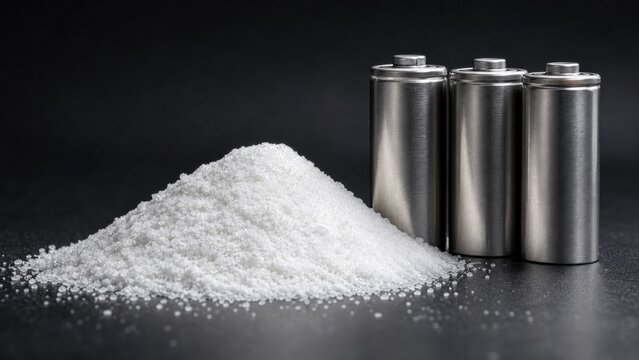 Pile of lithium rich salt sits next to metal battery cells representing materials used for electric vehicle energy storage solutions