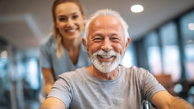 Young caregiver assisting a cheerful senior man during rehabilitation exercises in a contemporary retirement house, elderly patient smiling while using a wheelchair.