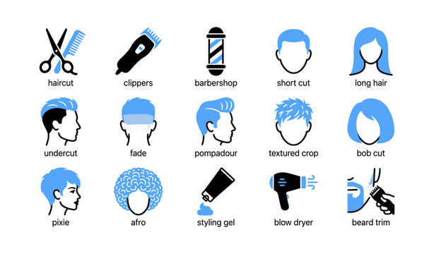 Haircut and barber icons showing styles and grooming tools