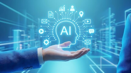 Fototapeta premium Businessman presenting artificial intelligence concept with glowing blue icons and symbols