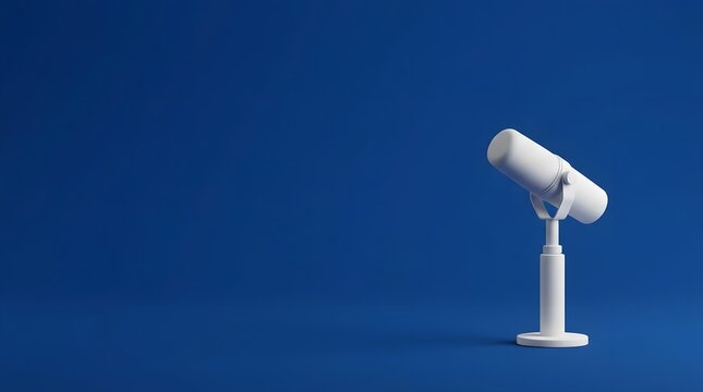 Minimalist white microphone on stand on a vibrant blue background, studio shot.