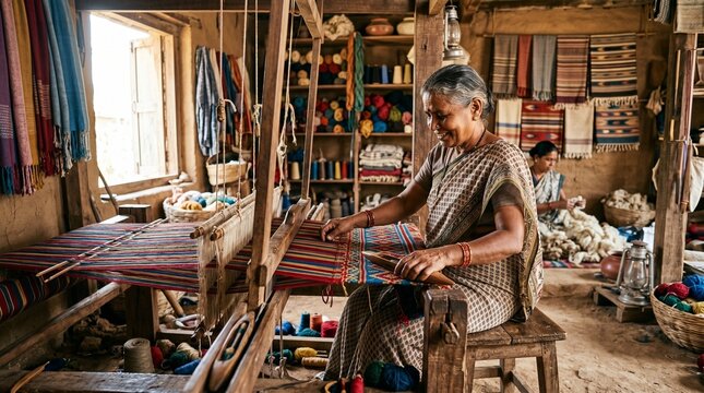 Indian woman weaving traditional fabric on a wooden handloom in a rustic workshop