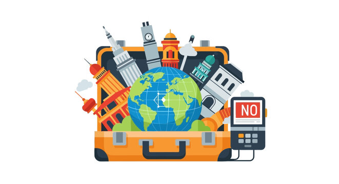 Global Travel Illustration with Suitcase, World Globe, and Famous Landmarks for Tourism and Discovery