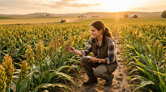 Young female farmer inspecting sorghum crop in a field during sunset, taking notes in a notebook