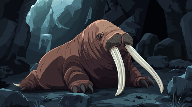 A brown woolly mammoth-like creature rests in a dim cave, with long ivory tusks