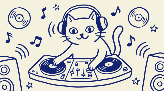 Playful feline disc jockey mixing music on a vintage vinyl turntable, minimalist naive line art vector illustration of a cute cat performing as a DJ in a whimsical hand-drawn doodle style.