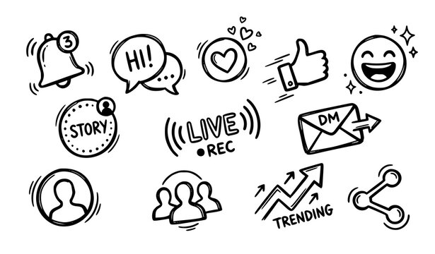 Hand drawn black outline social media icons with notification symbols for modern digital networking and online interaction concept