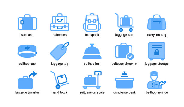 Luggage and bellhop icons arranged in grid on white background