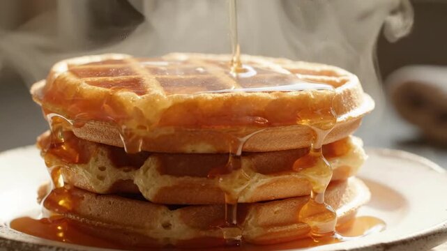 Stack of golden waffles with syrup pouring and steam rising
