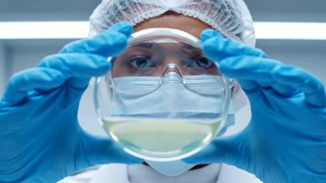 Female scientist analyzes petri dish liquid sample in laboratory or Researcher examines yellow fluid in petri dish wearing sterile protective gear