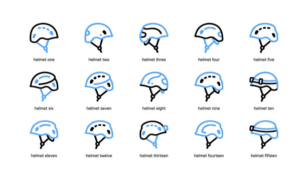 Helmet icon set showing various helmet styles in grid layout on white