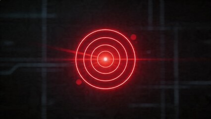 Obraz premium A futuristic and abstract of a bright red target light glowing in the dark with concentric circles and a grid background, conveying a sense of precision and technology.