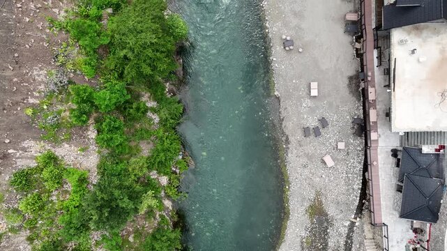 Top Down Drone View of Ura e Vashes Stone Bridge Over Mat River Albania