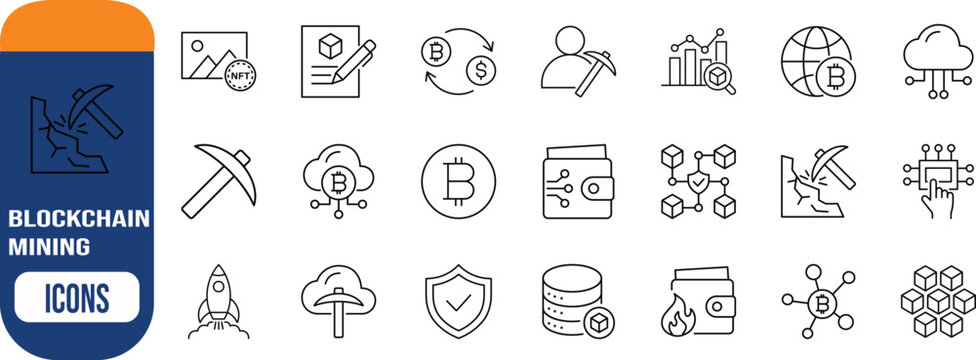Blockchain cryptocurrency digital mining line icons. bitcoin icon set, pickaxe icon set, wallet icon set