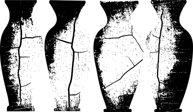 Ancient cracked pottery vases set broken clay jars with visible fractures and worn texture