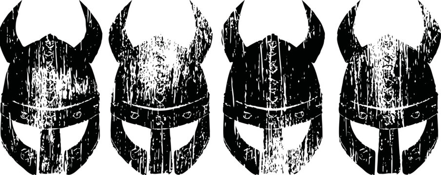 grunge viking helmets set with horns medieval warrior headgear illustration in black and white