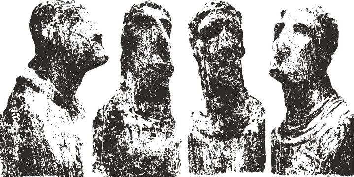 ancient stone busts of men with distinct facial features and textured surfaces
