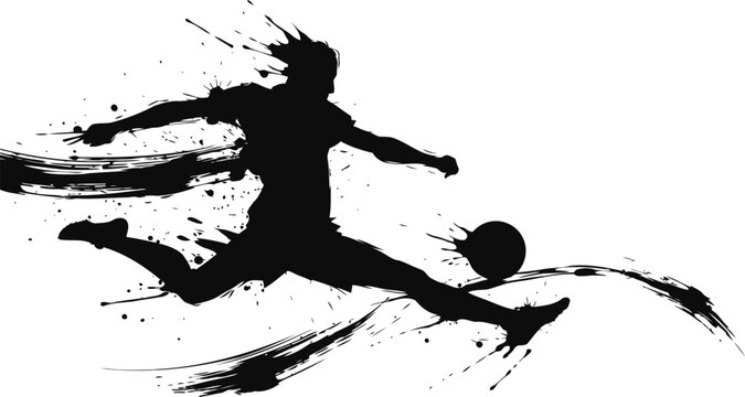 dynamic soccer player silhouette kicking the ball with motion brushstroke effect