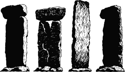 Naklejka premium Ancient standing stone pillars with textured surfaces, megalithic prehistoric monument illustration