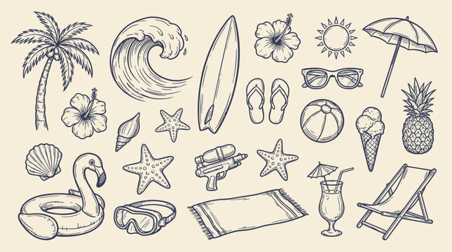 Artistic set of hand drawn summer beach and pool vacation icon featuring whimsical doodle sketch in vector format for seasonal leisure and travel design illustration on white backdrop